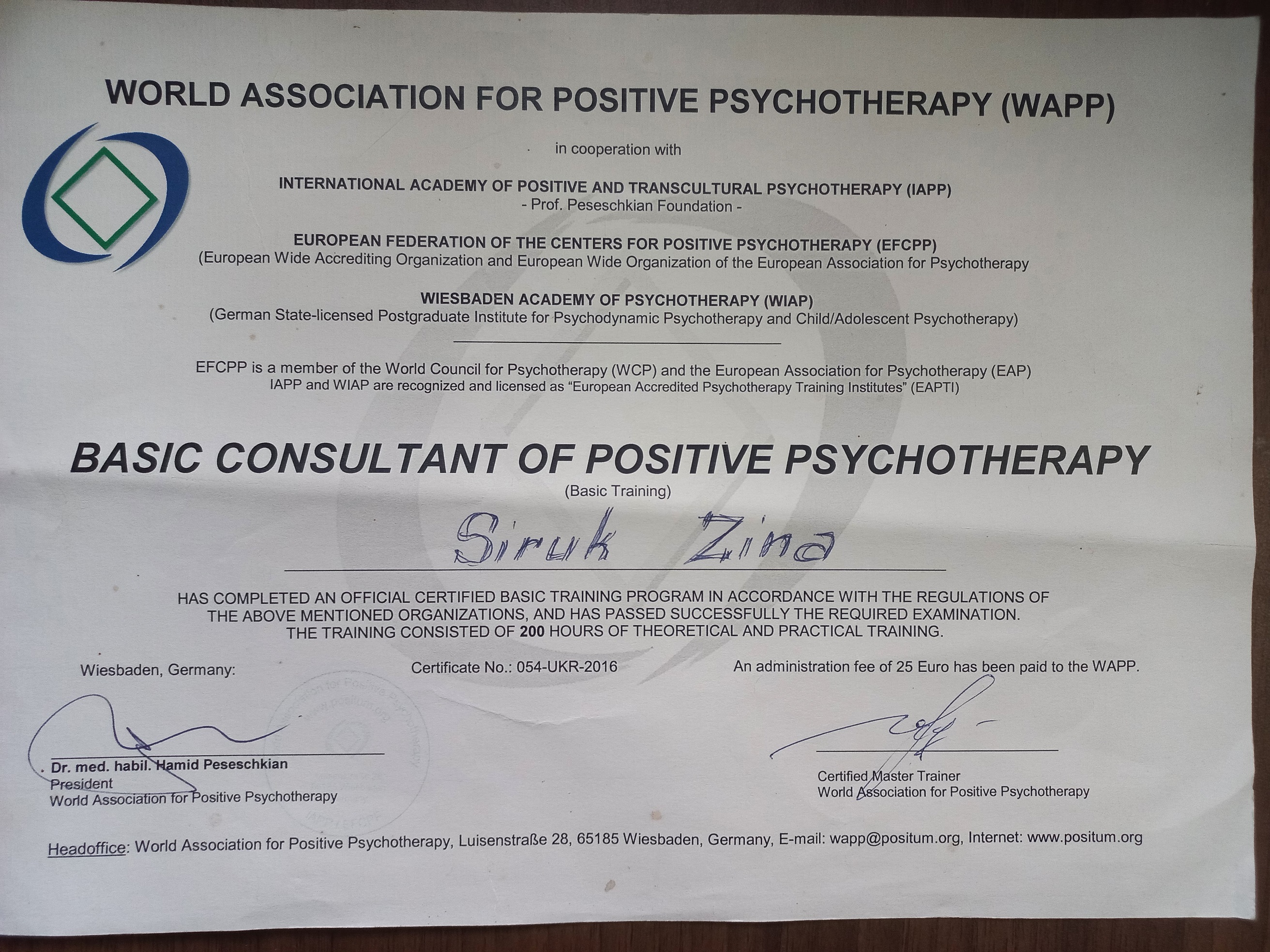 BASIC POSITIVE PSYCHOTHERAPY CONSULTANT BASIC POSITIVE PSYCHOTHERAPY CONSULTANT